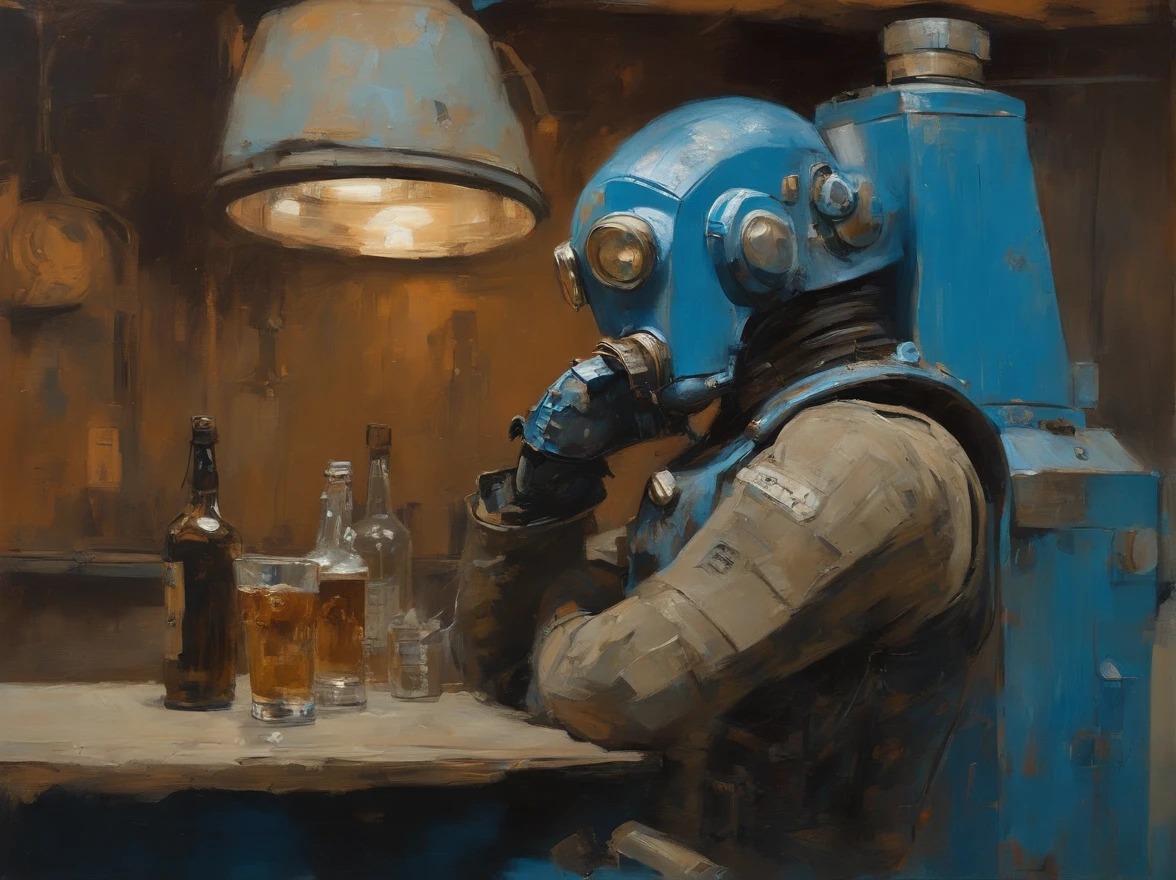 Ashley Wood(Ashley Wood)Realistic paintings created in Van Gogh's unique style,Depicted ((Blue rusty cyborg drinking whiskey in a post-apocalyptic bar)),
