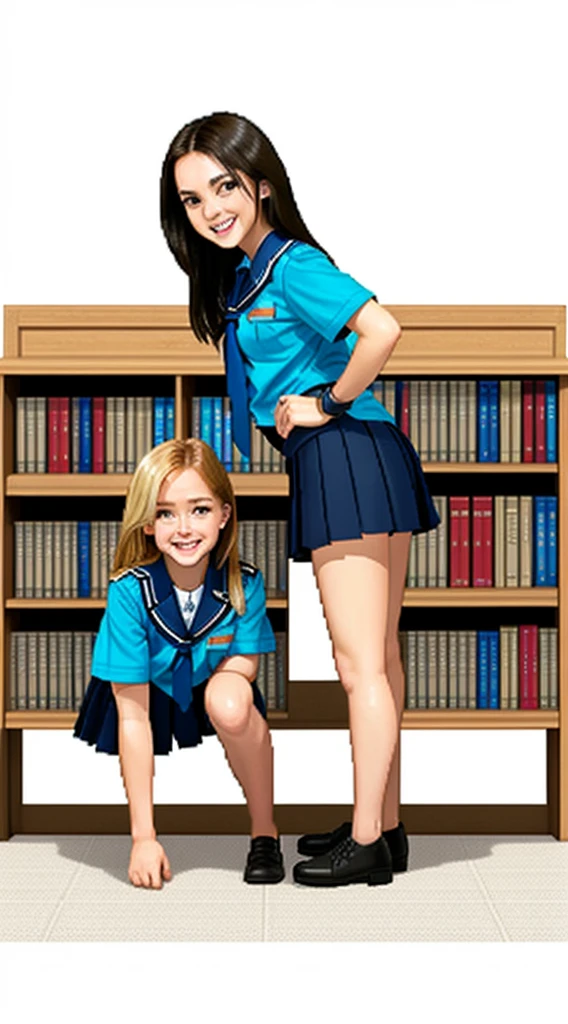 Almost Identical Twin Stepdaughters Joey White and Sami White, long blonde hair, white skin, Joey White and Sami White, 2 full body twins, masterpiece, a beautiful schoolgirl, long blonde hair, (fantasy library background), erotic photoshoot, bent over a desk, from front side, girlscout uniform, shackles on legs, cow bell on neck, happy face, looking to the viewer