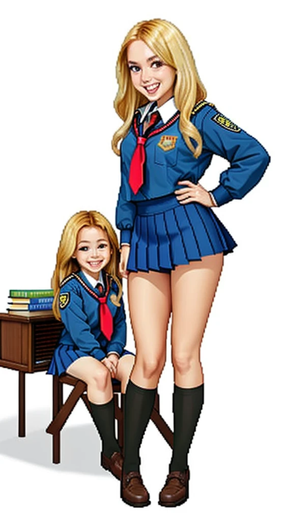 Almost Identical Twin Stepdaughters Joey White and Sami White, long blonde hair, white skin, Joey White and Sami White, 2 full body twins, masterpiece, a beautiful schoolgirl, long blonde hair, (fantasy library background), erotic photoshoot, bent over a desk, from front side, girlscout uniform, shackles on legs, cow bell on neck, happy face, looking to the viewer