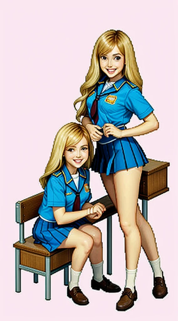 Almost Identical Twin Stepdaughters Joey White and Sami White, long blonde hair, white skin, Joey White and Sami White, 2 full body twins, masterpiece, a beautiful schoolgirl, long blonde hair, (fantasy library background), erotic photoshoot, bent over a desk, from front side, girlscout uniform, shackles on legs, cow bell on neck, happy face, looking to the viewer
