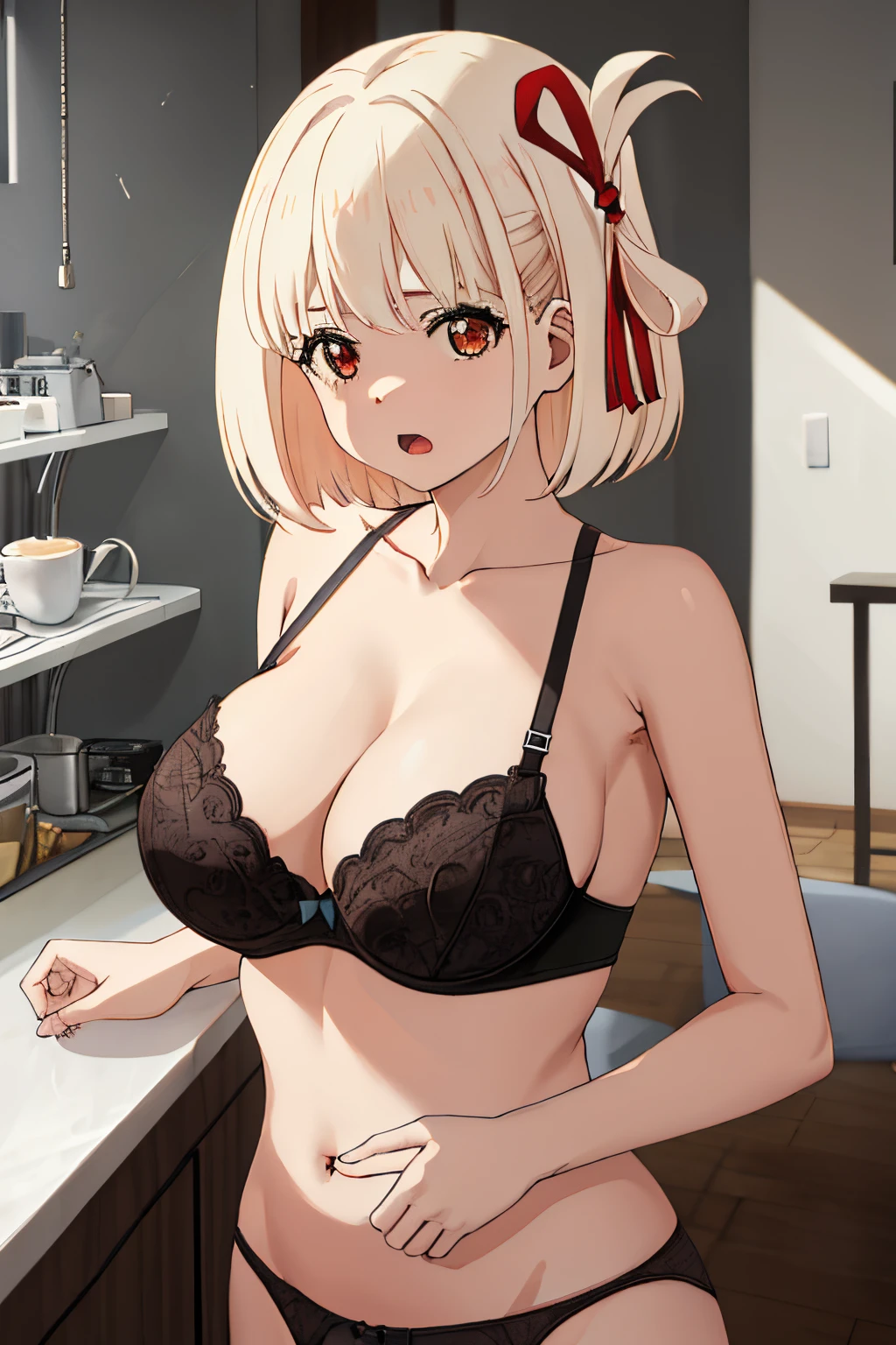 best quality, masterpiece, highres, solo, {nishikigi_chisato_lycorisrecoil:1.15}, short_hair, bangs, blonde_hair, red_eyes, hair_ribbon, bob_cut, 1girl, looking_at_viewer, parody, upper_body, surprised, bra, lingerie, panties, big boobs, in shock, cafe, nude