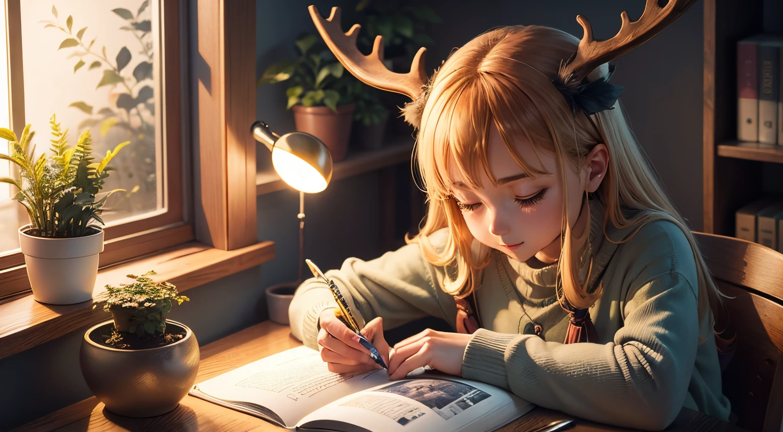 Drawing anime - happy antlered girl reading and studying a book in the room, On table with vase and plants, 1 nearby lights, Window shows moonlit night,
,