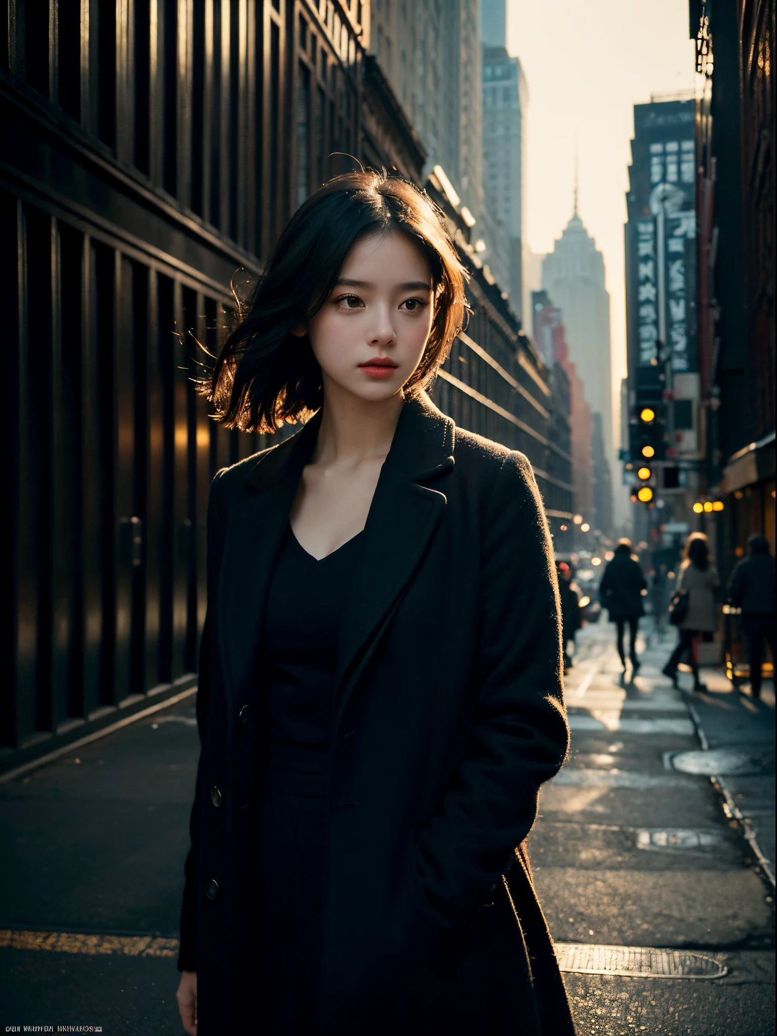 1girl, (looking at viewer:1.2), detail face,  (a girl standing, rending on cgsociety, black shadows, streaming, new york backdrop), romanticism, atmospheric, (RAW photo, best quality), (realistic, photo-realistic:1.3), masterpiece, an extremely delicate and beautiful, extremely detailed,