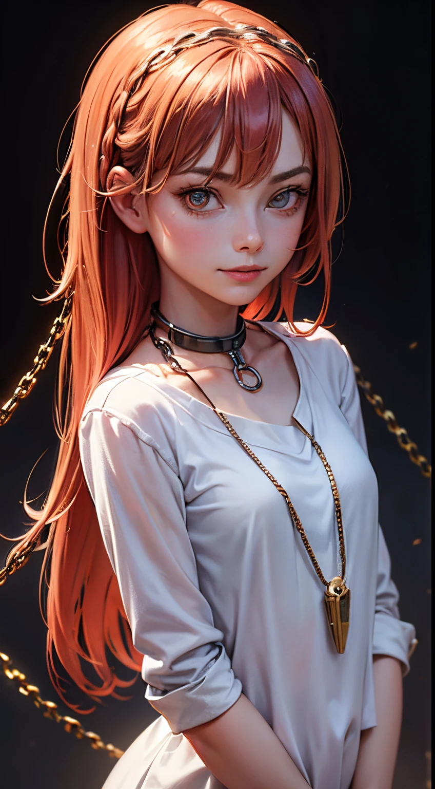 Makima with the face of Margot Robbie (chain saw man), Best Quality, ultra-detailliert, 1girl in, Solo, Standing, Red hair, Long braided hair, Golden Eyes, Bangs, very small pointed chest, White shirt, tie, Look, Smile, (in bad: 1.2), Looking at the viewer, (interview: 1.3), (Dark background, chains: 1.3), From above, sharp contrast, Beautiful detailed eyes, Focus, Close Up Shot