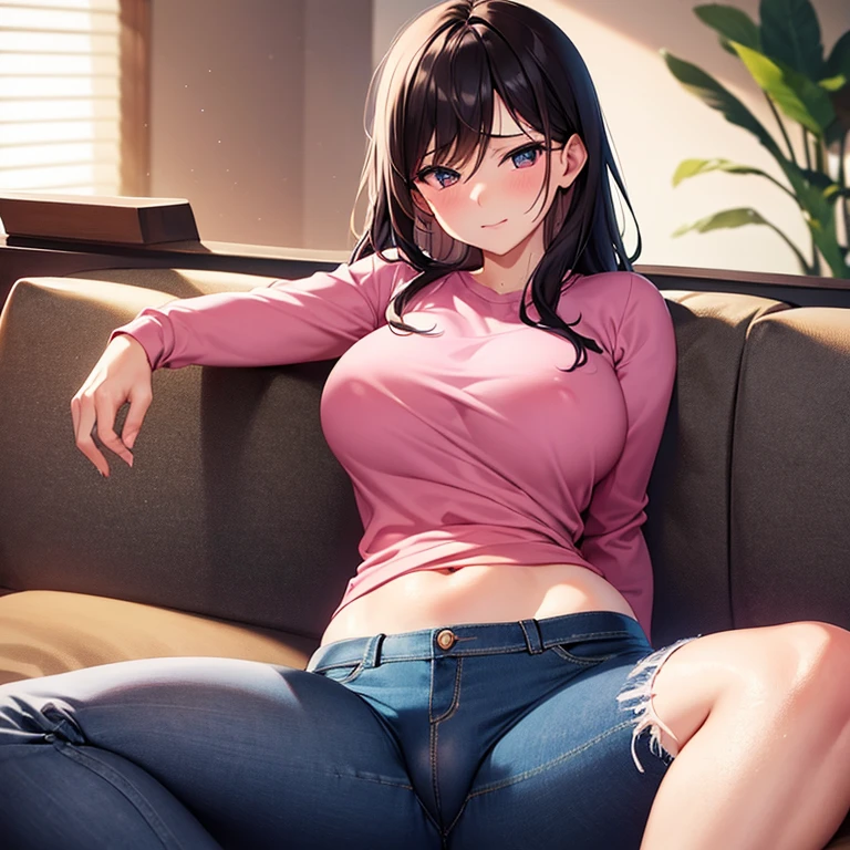 Drunk Milf in tight jeans and pink shirt,revealing,black hair,laying on couch,sweaty,cameltoe
