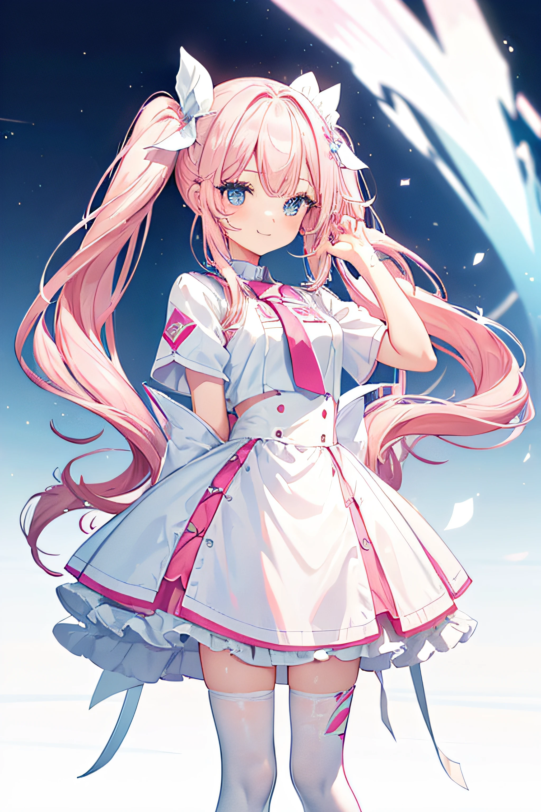 One Cute Teen Girl, Longhair twintail , white-pink hair, blue eyes, cute gotchic pink-white outfit, smile, standing, standing pose, no pose, general pose, white background, high res, ultrasharp, 8K, masterpiece, fullbody, bust up