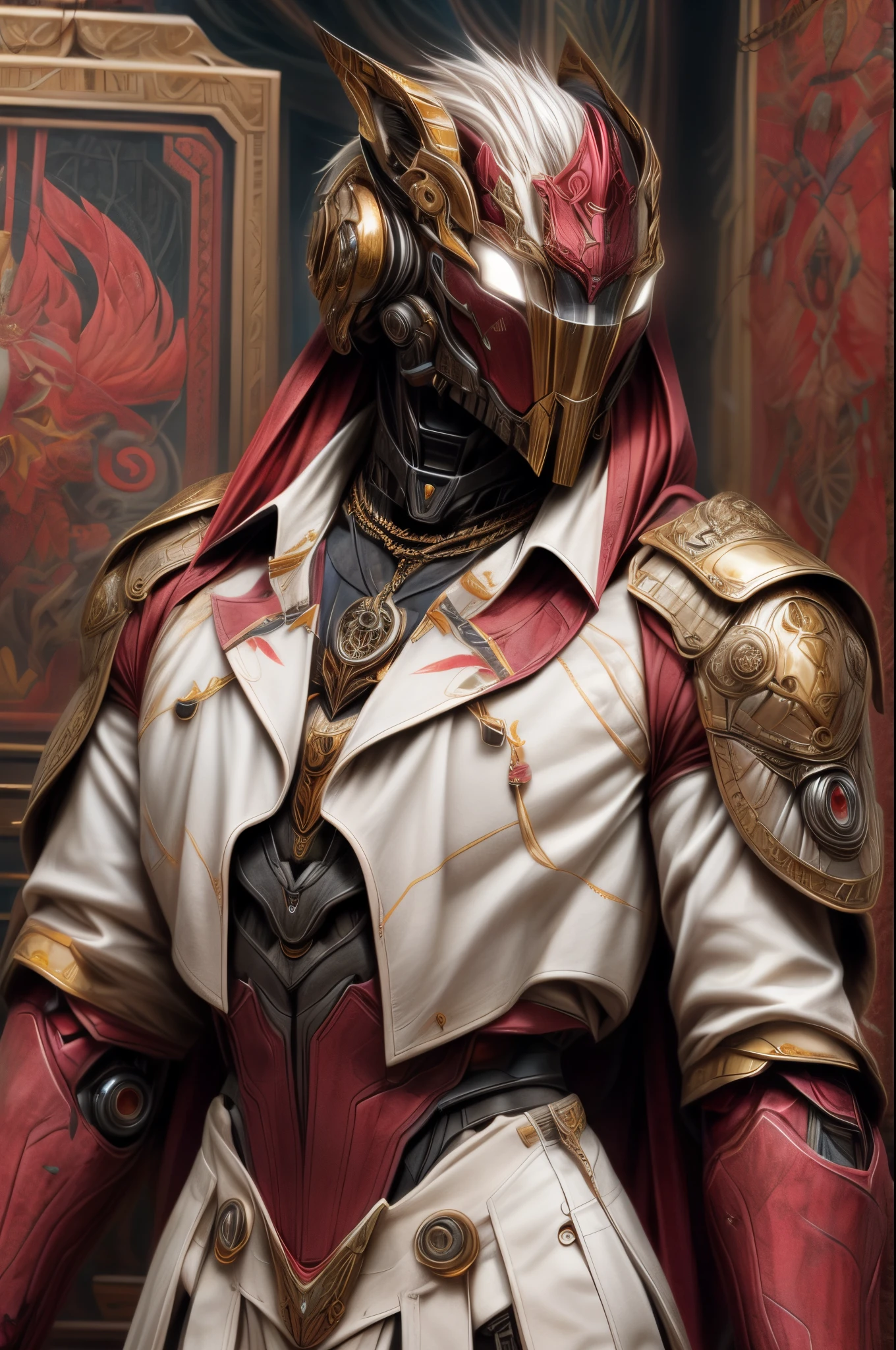 An epic and visually stunning digital artwork featuring a mid-30's feminine male dire wolf furry with an angular feminine facial structure and a flat masculine chest, fur a beautiful pure white. The character is adorned in a scifi tactical armored trench coat, the armor plating on the upper arms and shoulders beautifully engraved, the wolf wearing eyeshadow for added intrigue. The image showcases the beauty and elegance of the character, capturing their flamboyant essence and heavy tactical goth aesthetic. The character has bright piercing beautifully rendered brass colored eyes that stand out against their lovely white fur. The character also possesses androgynous features, with slim yet heavily muscled physique, sylphlike with a beautiful feminine waist and toned yet beautifully sleek cybernetic arms, gothic tribal markings flowing up their abs and down their arms, adding to their unique appearance, extremely beautiful eyes, extremely detailed eyes