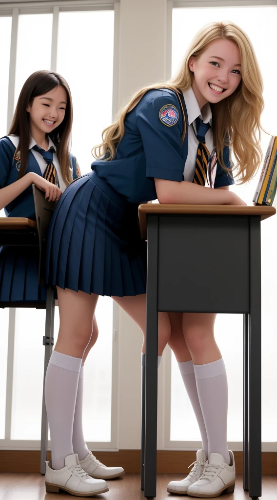 Almost Identical Twin Stepdaughters Joey White and Sami White, long blonde hair, white skin, Joey White and Sami White, 2 full body twins, masterpiece, a beautiful schoolgirl, long blonde hair, (fantasy library background), erotic photoshoot, bent over a desk, from front side, girlscout uniform, shackles on legs, cow bell on neck, happy face, looking to the viewer