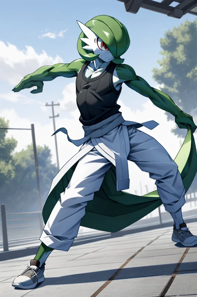 masterpiece, best quality, full body, Solo, male focus, (androgynous), furry, (Gardevoir)), ((pokemon)), (sweater tank top), (gi), (tai chi),