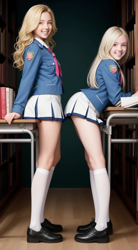 Almost Identical Twin Stepdaughters Joey White and Sami White, long blonde hair, white skin, Joey White and Sami White, 2 full body twins, masterpiece, a beautiful schoolgirl, long blonde hair, (fantasy library background), erotic photoshoot, bent over a desk, from front side, girlscout uniform, shackles on legs, cow bell on neck, happy face, looking to the viewer