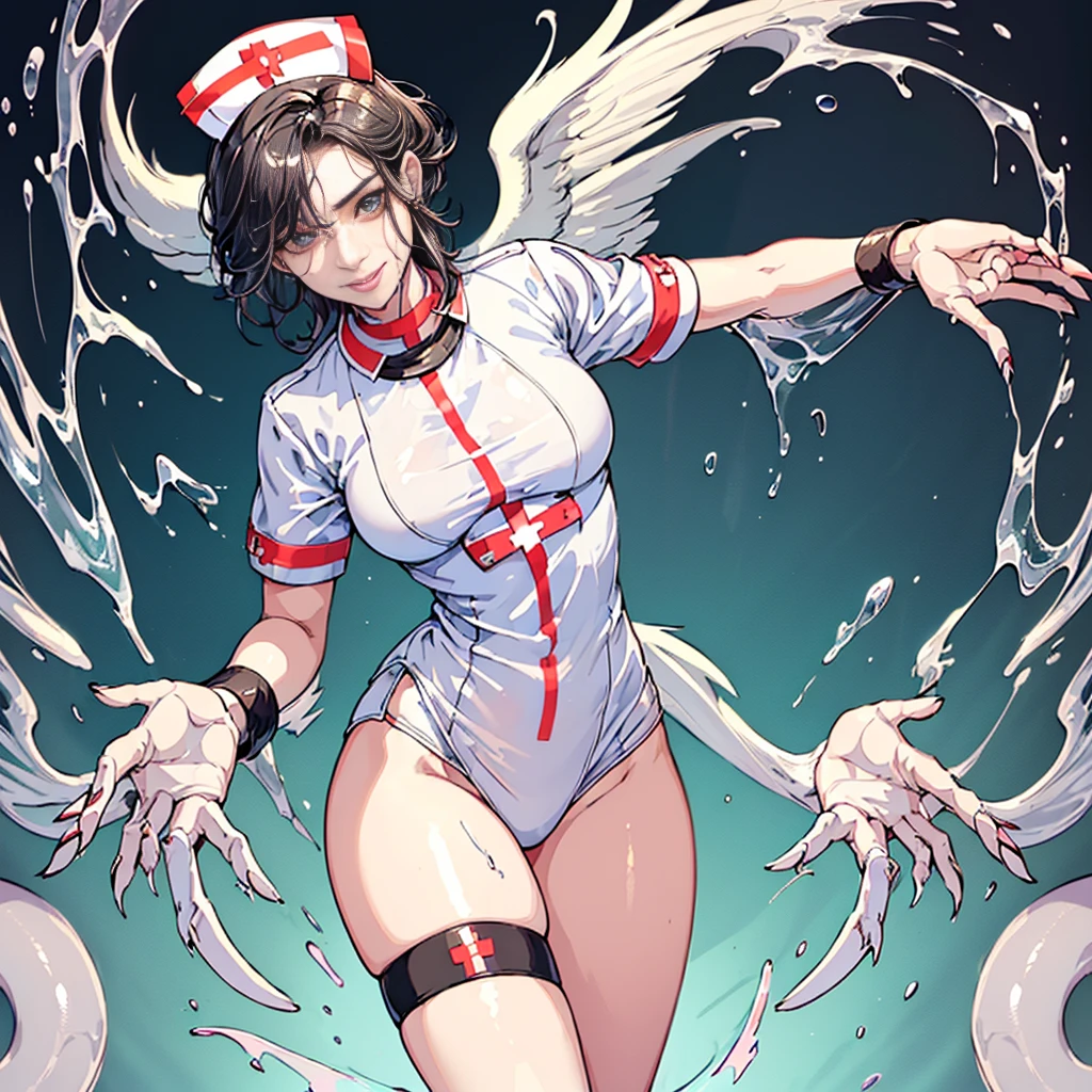 hermaphrodite, Androgynous succubus, In the hospital, (Wearing Nurse’s uniforms :1.8), (Erection - bulge only in the crotch:1.5 , Feminine physique、Feminine face), (Seductive facial expressions,Poses to seduce) Wet hair, wet costume, (drenched in cloudy liquid:1.5), (8K High Resolution, high-level image quality、high-detail, Wallpaper ), (Perfect face),(liquid-like costume,melted:1.2, Transparent:1.3)、Golden Eyes、(perfect arms, Perfect legs, Perfect fingers, Perfect Anatomy:1.2)、 Bewitching smile、long claws、piercings、The tattoo、Ruthless smile、Demon Horns、tusk(Hair color variations、Changes in skin color)、Make your wishes come true