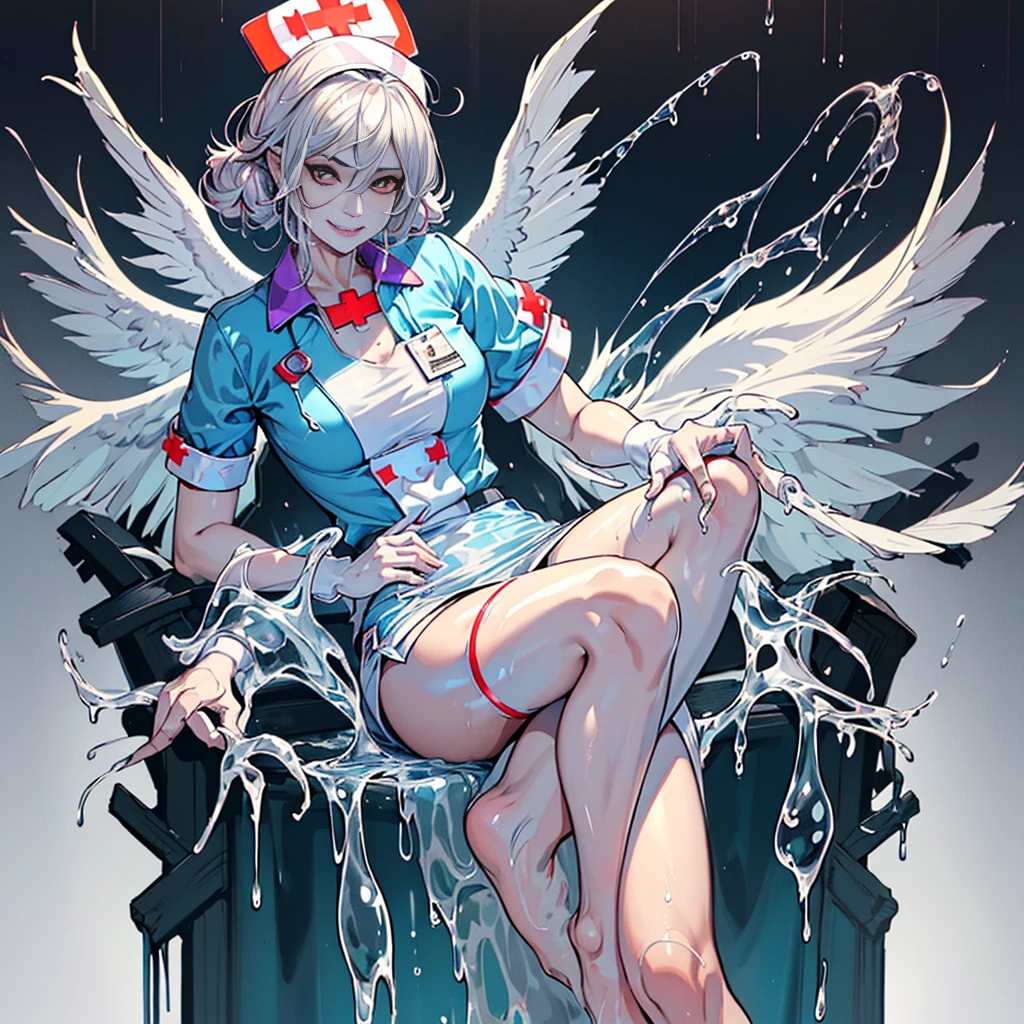 hermaphrodite, Androgynous succubus, In the hospital, (Wearing Nurse’s uniforms :1.8), (Erection - bulge only in the crotch:1.5 , Feminine physique、Feminine face), (Seductive facial expressions,Poses to seduce) Wet hair, wet costume, (drenched in cloudy liquid:1.5), (8K High Resolution, high-level image quality、high-detail, Wallpaper ), (Perfect face),(liquid-like costume,melted:1.2, Transparent:1.3)、Golden Eyes、(perfect arms, Perfect legs, Perfect fingers, Perfect Anatomy:1.2)、 Bewitching smile、long claws、piercings、The tattoo、Ruthless smile、Demon Horns、tusk(Hair color variations、Changes in skin color)、Make your wishes come true