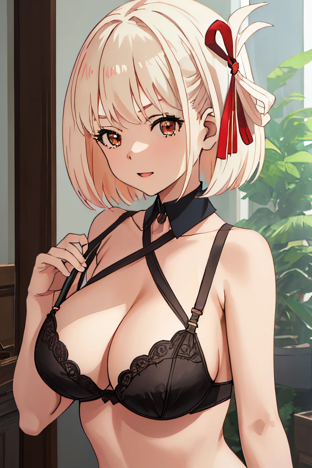 best quality, masterpiece, highres, solo, {nishikigi_chisato_lycorisrecoil:1.15}, short_hair, bangs, blonde_hair, red_eyes, hair_ribbon, bob_cut, 1girl, looking_at_viewer, parody, upper_body, bra, lingerie, panties, big boobs, cafe, nude