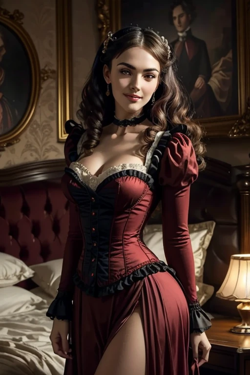 a woman with ((long curly hair)), 18 years old, smiling, sexy body, wearing red dress with colorful layers and full skirt,((Victorian style )), ((Half Body Shot)), in the background bedroom with bed covered in colorful cushions ((Victorian era decoration)), Daeni Pin Style, [Daniel F. Gerhartz Style::0.5], UHD Image, Hire, 8k, Photo-realistic, Epic Lighting, Sharp, Realistic, Romantic, Focus,
