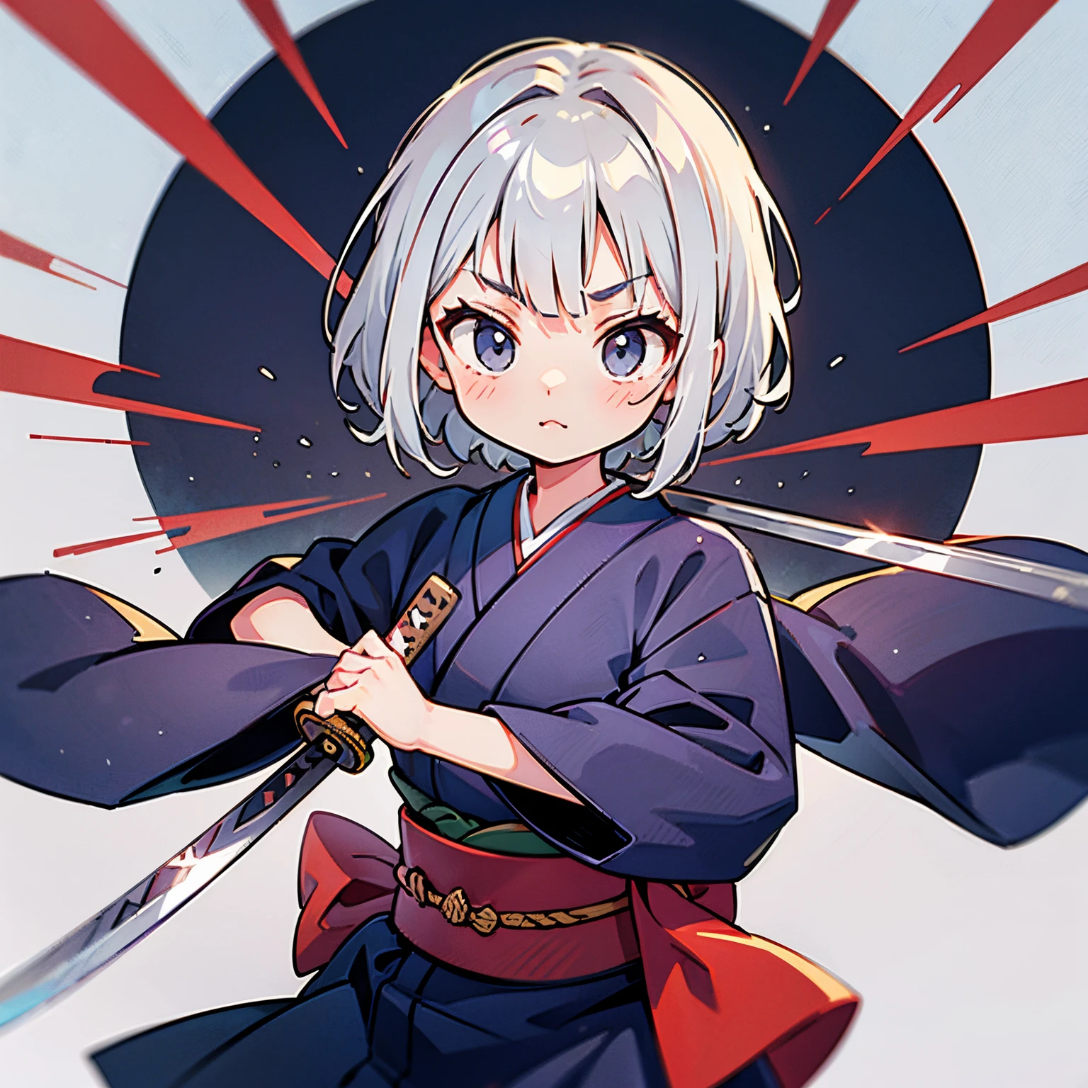 short-hair　Silvery hair　Samurai　kimono　teens girl　kawaii faces　Japanese sword with long blade　Single person　katanas