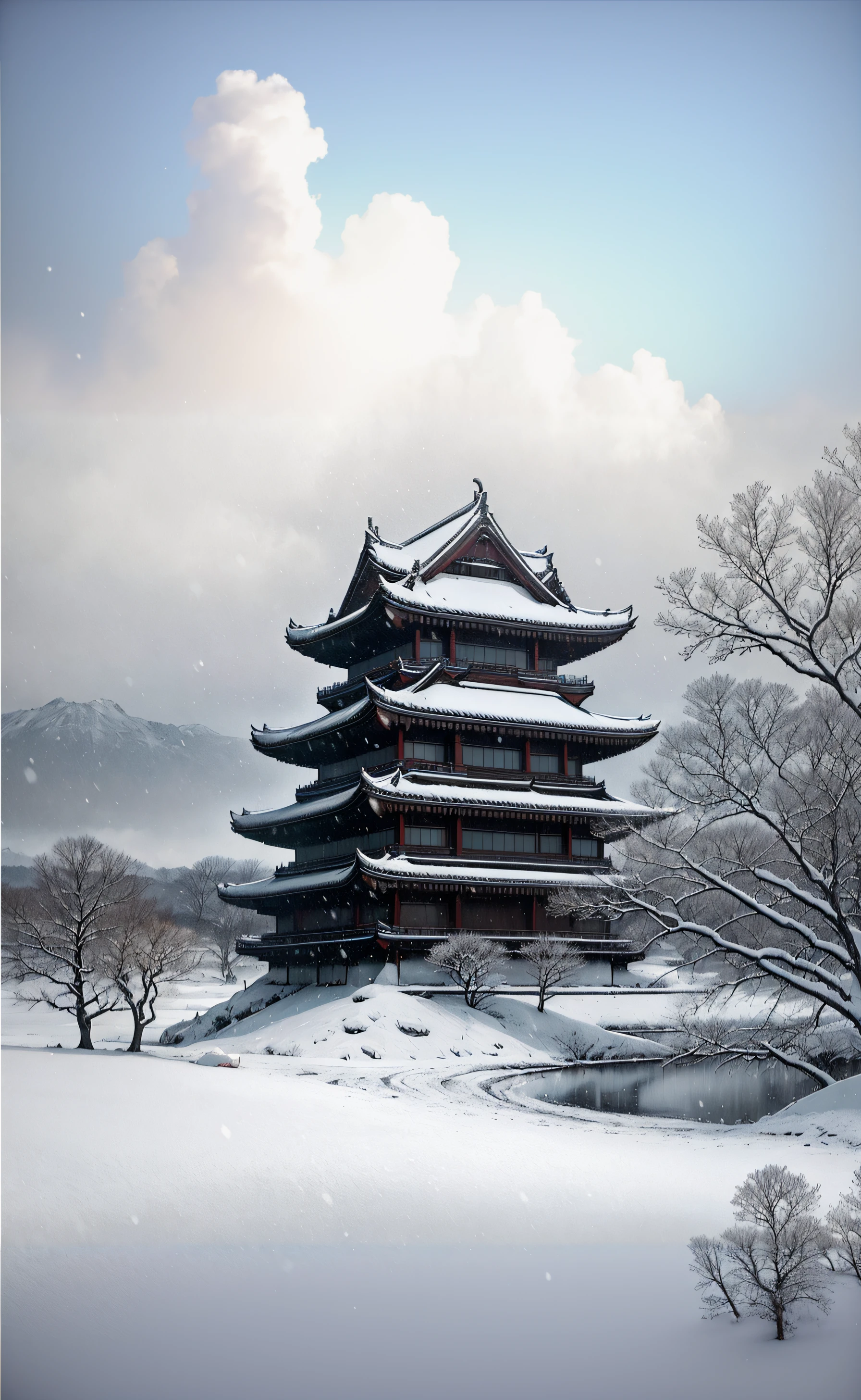 dark stormy clouds，Covered with snow，Rizhao Jinshan，The top of the mountain looks down on all living beings，ancient buildings of China，Temple，Maple Grove，Shakyamuni imagined，High detail，lightand shade contrast，hyper HD，tmasterpiece，winning artwork，Best quality at best，A high resolution，16k