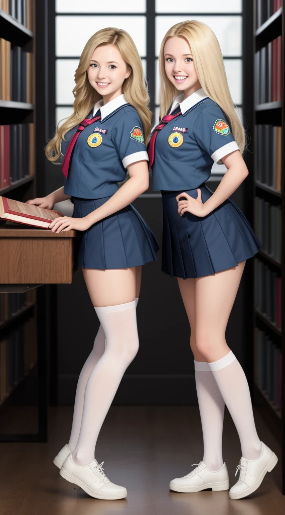 Almost Identical Twin Stepdaughters Joey White and Sami White, long blonde hair, white skin, Joey White and Sami White, 2 full body twins, masterpiece, a beautiful schoolgirl, long blonde hair, (fantasy library background), erotic photoshoot, bent over a desk, from front side, girlscout uniform, shackles on legs, cow bell on neck, happy face, looking to the viewer