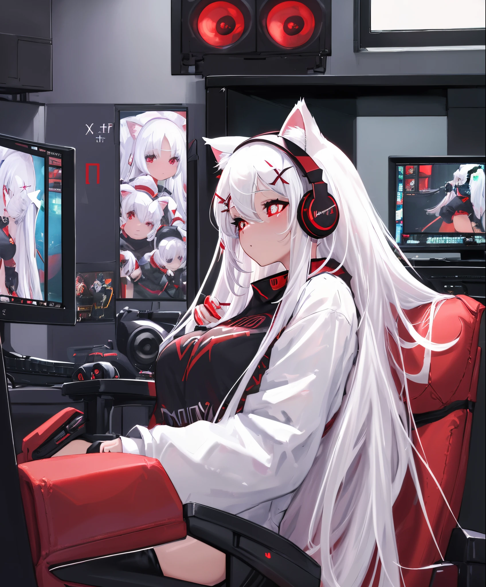 masterpiece, best quality, solo, 1girl, (((white hair))), long hair, ((red pupils)), x hair ornament, cat ears, firts rate breast, first rate female bodies, gaming headset, holding ps4 ctroller, gaming chair, in front of computer, gaming room,