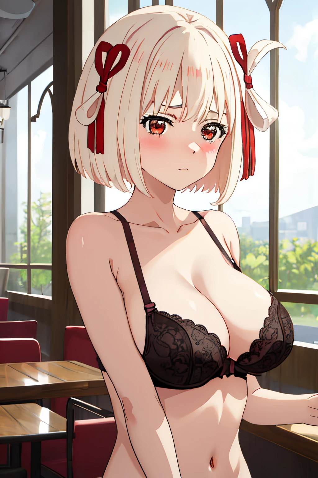 best quality, masterpiece, highres, solo, {nishikigi_chisato_lycorisrecoil:1.15}, short_hair, bangs, blonde_hair, red_eyes, hair_ribbon, bob_cut, 1girl, looking_at_viewer, parody, upper_body, bra, lingerie, panties, big boobs, cafe, nude, blush, ashamed, sad