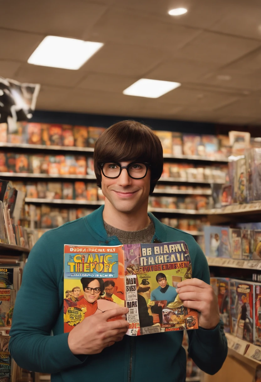A photo of Howard at a comic book store, holding up a rare and valuable comic book.,The Big Bang Theory,Woward is a man with a large nose, brown bowl cut, and wears turtlenecks