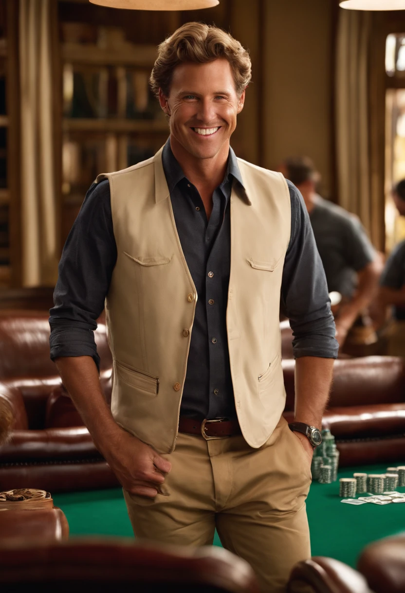 An intense game of poker at a high-stakes table,original,Bryce Hamilton, a quintessential Sand Hill Road venture capitalist, is always seen in his trademark Patagonia vest, a staple even in the summer heat, paired with crisp, casual chinos and a button-down shirt, embodying the classic Silicon Valley investor look. His appearance is meticulously groomed, from his styled hair to his polished, yet approachable, smile, projecting an image of success and confidence.