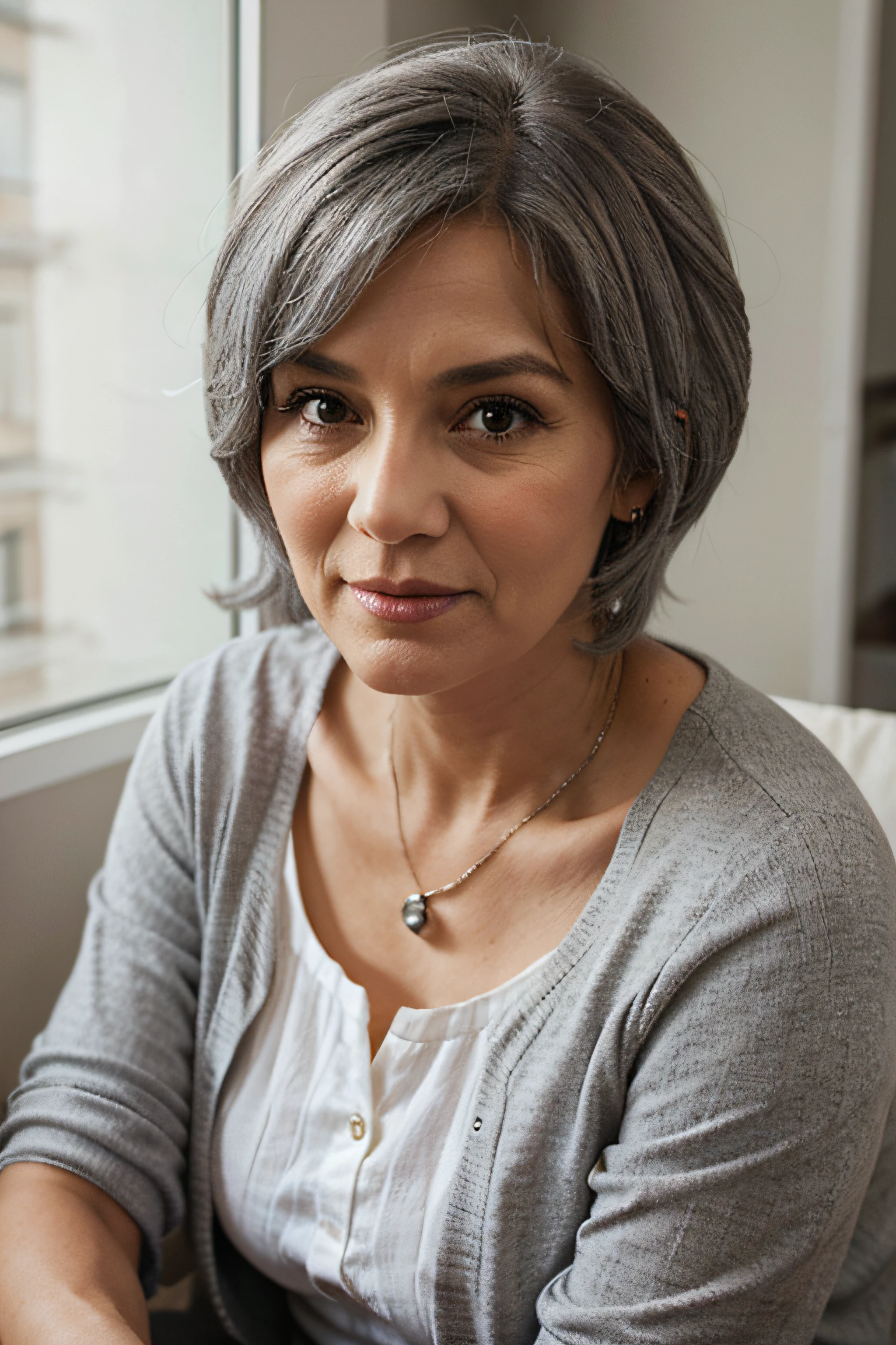 A kindly grandmother with gray hair.