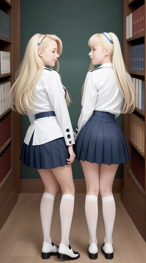 Almost Identical Twin Stepdaughters Joey White and Sami White, long blonde hair, white skin, Joey White and Sami White, 2 full body twins, masterpiece, a beautiful schoolgirl, long blonde hair, (fantasy library background), erotic photoshoot, bent over a desk, from front side, girlscout uniform, shackles on legs, cow bell on neck, happy face, looking to the viewer