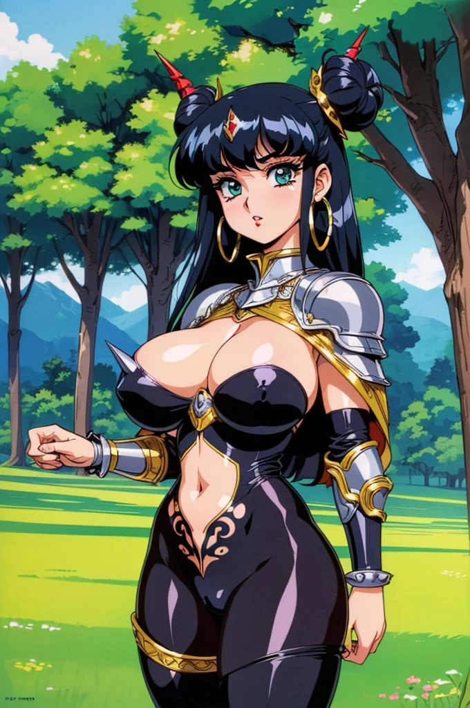 "(masterpiece:1.1), best quality, NSFW,
1girl, (80s anime style:1.3), (eyelashes:1.5), (:1.2),
(intricate high detailed body:1.2),
(black hair:1.1), (forehead:1.1), (long hair, twin bun:1.1), (hair ornament:1.2),
green eyes, (red lip stick:1.3),
(gigantic breasts:1.6),
(expressionless:1.2),
(silver embroidery body suit armor, navel cutout, tattoo:1.2), (pantyhose:1.2),
(spiked knight armor, armored boots, capelet:1.2), (fur:1.1), (hoop earrings:1.1), bracelet,
standing, peace sign,
(upper body, cowboy shot, looking at viewer, from front:1.1),
(daytime, grassland, outdoors:1.2)"