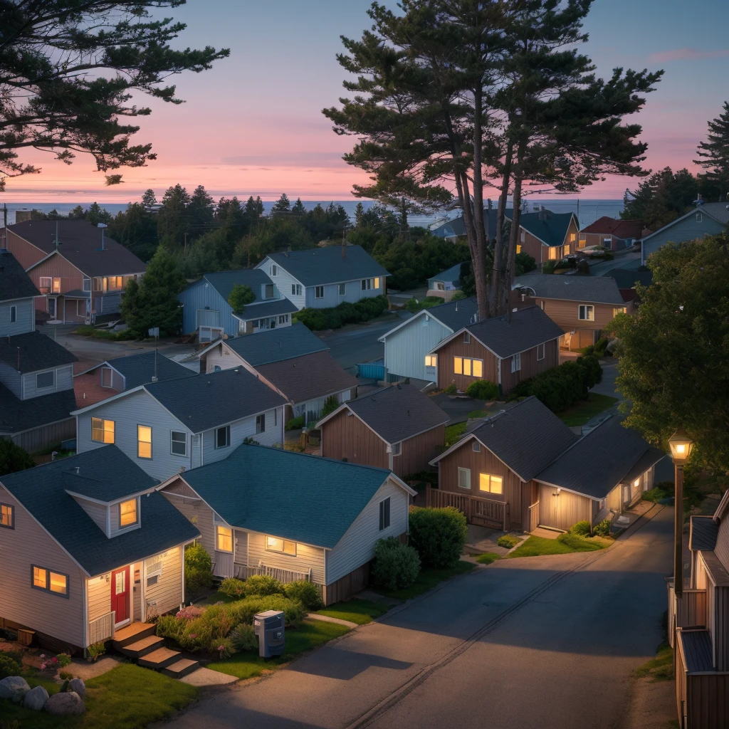small street of a small coastal town, northern USA, small houses at a distance from each other, many trees, evening after sunset, summer, soft twilight, modern days, soft evening sunlight, realistic, cinematic, warm light, soft colors, ultra quality, hyper realistic