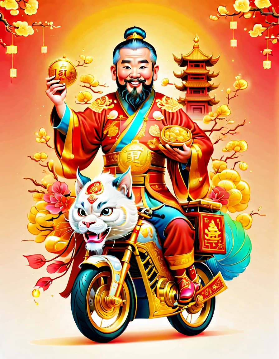 pixar style, (long shot: 1.8), (Chinese - chic Chinese mythological God of Wealth, anatomically correct, oriental elements), (a cute God of Wealth riding an e-bike with a gold ingot in his hand, Treasures Follow), (China - Stylish Illustration: 1.5, Vector Drawing: 1.5), (Chinese Colors, Advanced Color Matching, Gradient Background, White Background: 1.5), (Very Detailed, Well Designed, Clear Lines, High Definition, Best Quality, Masterpiece, Official Art, Cinematic Lighting Effects, 8K)