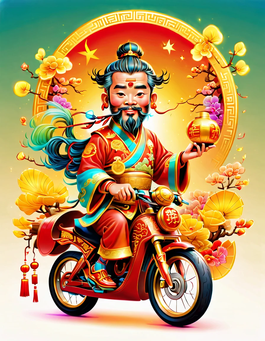 pixar style, (long shot: 1.8), (Chinese - chic Chinese mythological God of Wealth, anatomically correct, oriental elements), (a cute God of Wealth riding an e-bike with a gold ingot in his hand, Treasures Follow), (China - Stylish Illustration: 1.5, Vector Drawing: 1.5), (Chinese Colors, Advanced Color Matching, Gradient Background, White Background: 1.5), (Very Detailed, Well Designed, Clear Lines, High Definition, Best Quality, Masterpiece, Official Art, Cinematic Lighting Effects, 8K)