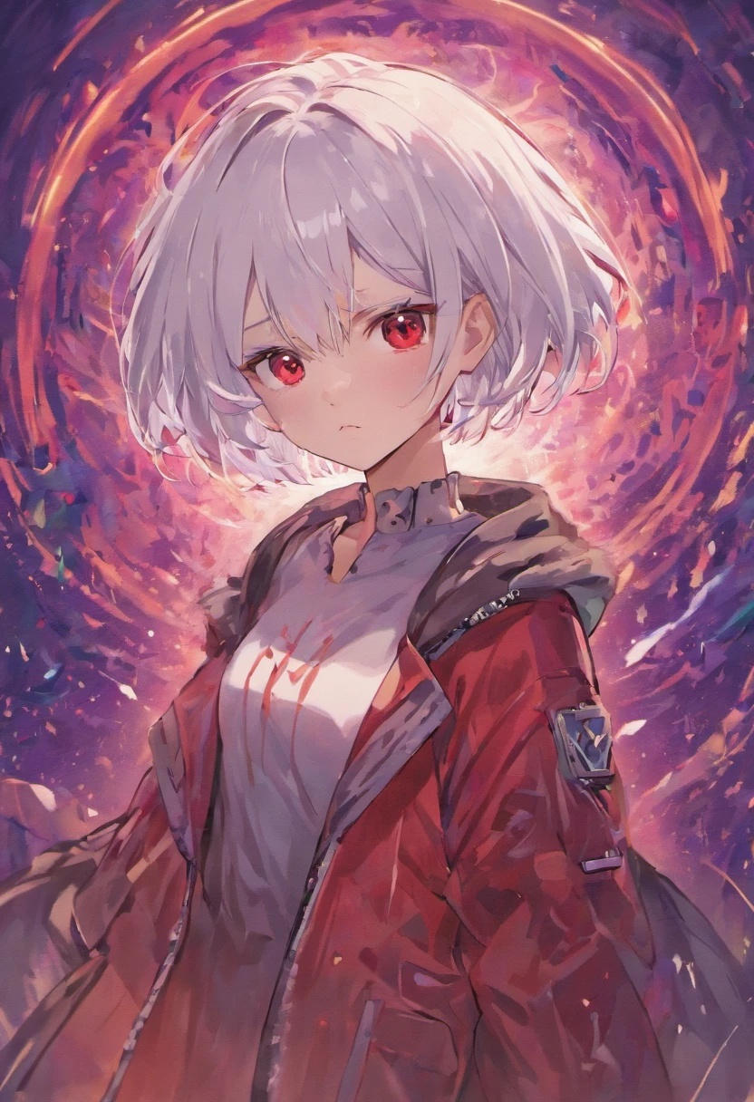 white hair, red eyes, short hair,