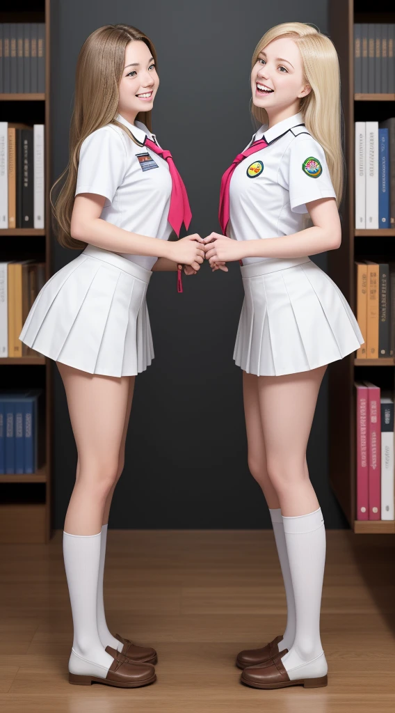Almost Identical Twin Stepdaughters Joey White and Sami White, long blonde hair, white skin, Joey White and Sami White, 2 full body twins, masterpiece, a beautiful schoolgirl, long blonde hair, (fantasy library background), erotic photoshoot, bent over a desk, from front side, girlscout uniform, shackles on legs, cow bell on neck, happy face, looking to the viewer
