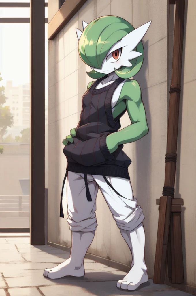 masterpiece, best quality, full body, Solo, male focus, (androgynous), furry, (Gardevoir)), ((pokemon)), (sweater tank top), (gi), (tai chi),