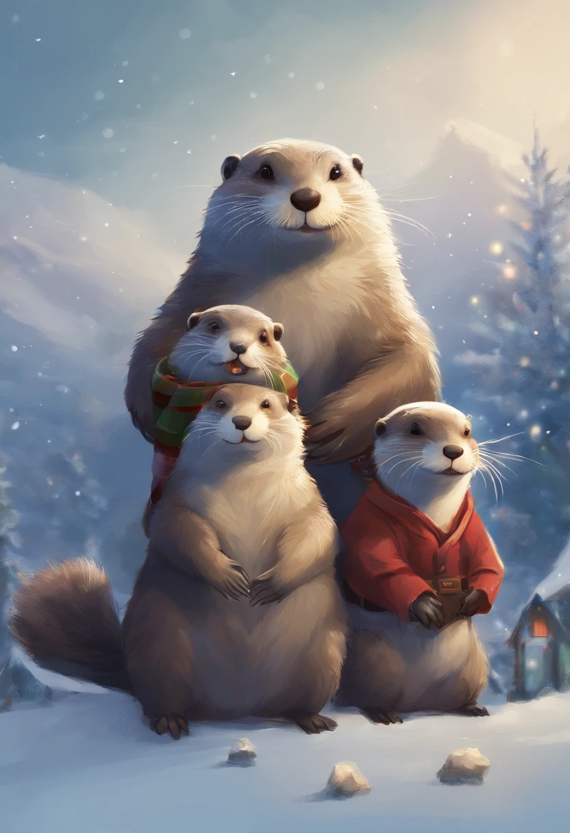 happy Otter family in christmas