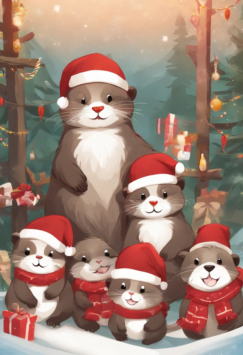 happy Otter family in christmas