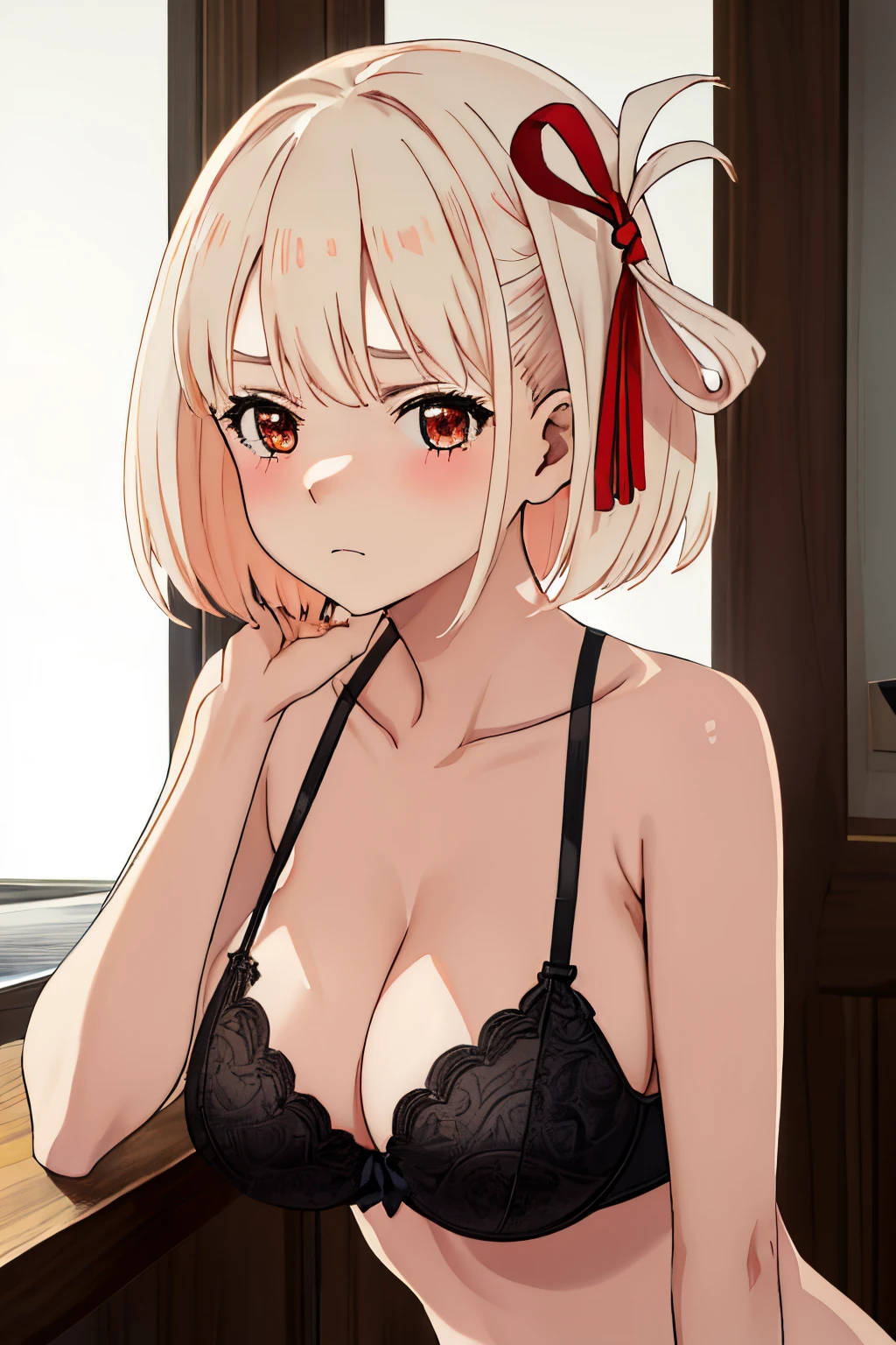 best quality, masterpiece, highres, solo, {nishikigi_chisato_lycorisrecoil:1.15}, short_hair, bangs, blonde_hair, red_eyes, hair_ribbon, bob_cut, 1girl, looking_at_viewer, parody, upper_body, bra, lingerie, panties, big boobs, cafe, nude, blush, ashamed, sad, standing, leaning forward