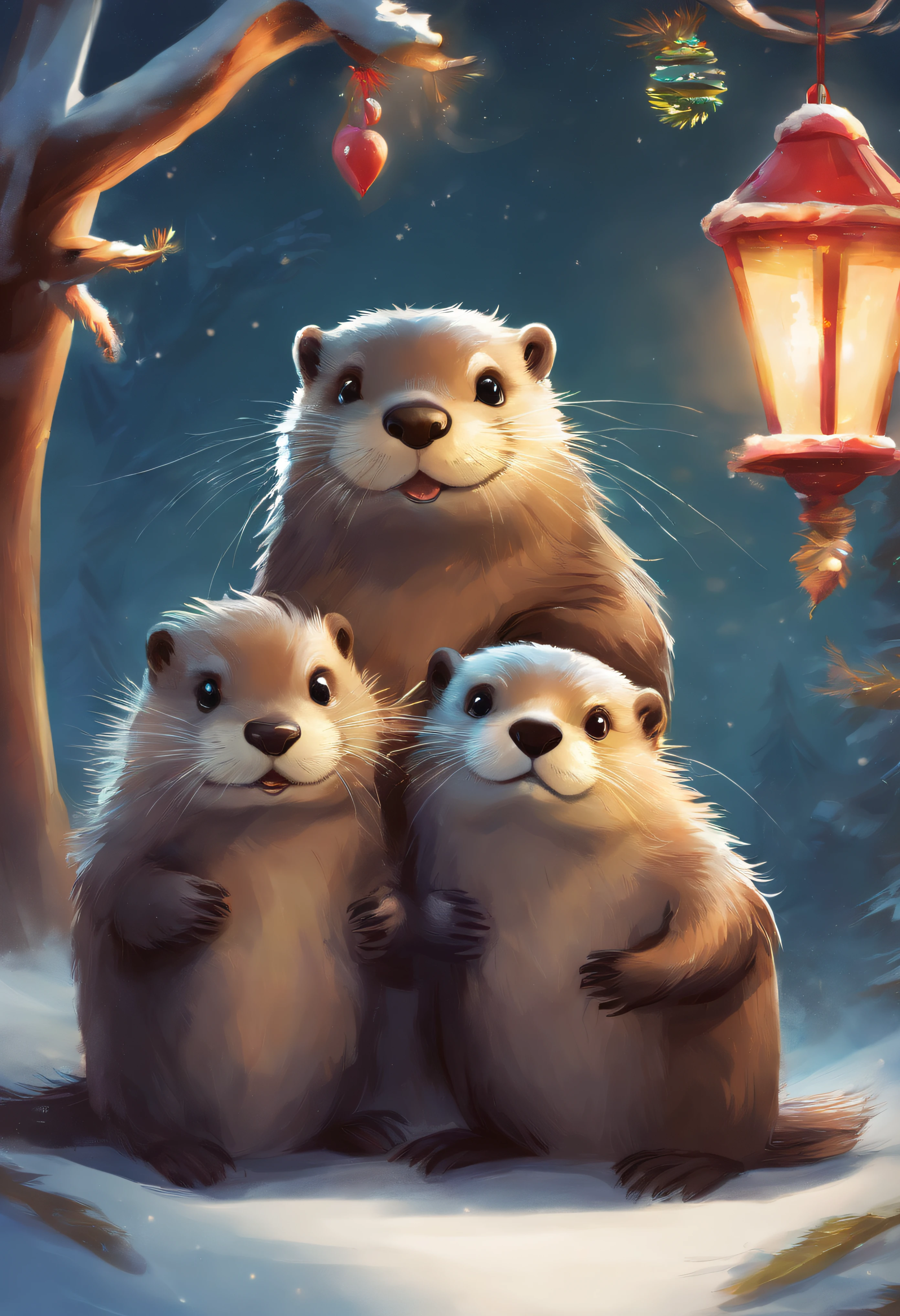 happy Otter family in christmas