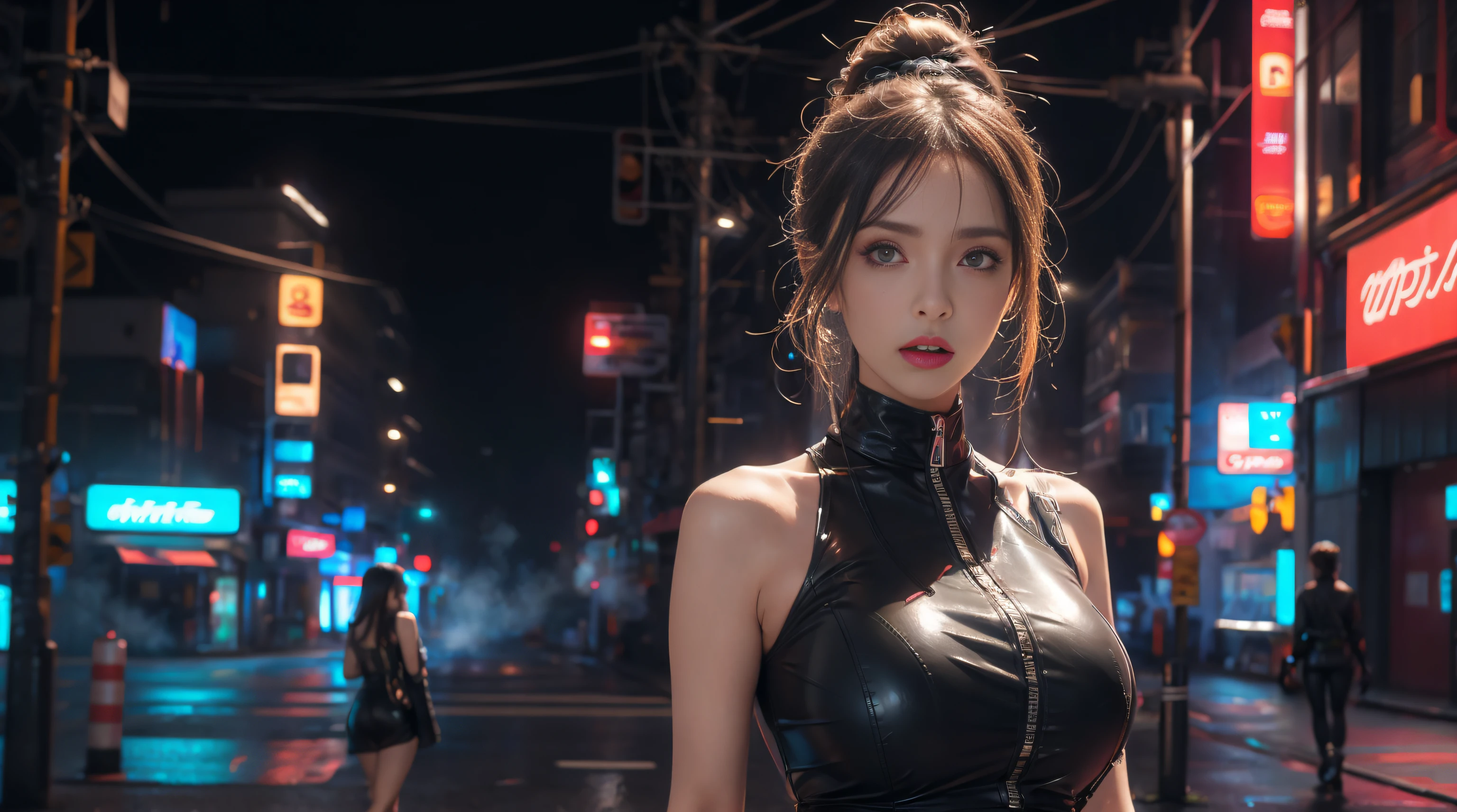 1 busty girl,Alone,(3D realistic), The expression is grim,mediuml breasts,tight leather clothes,cropped shoulders, hyper HD, 8K,theatrical,(Mid-range portrait),looking at the camera in,The cities of the future,On the street corner,natta,Sateen,volume fog,Steaming,cyber punk style