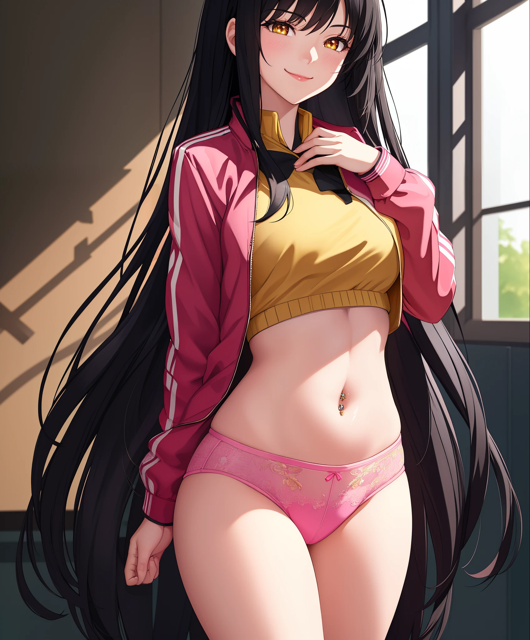 (extremely detailed CG unity 8k wallpaper), (((masterpiece))), (((best quality))), ((ultra-detailed)), (((illustration))), (best shadow), ((an extremely delicate and beautiful)), (detailed light), (well designed face), amazing face, (super detailed), cinematic shot, beautiful detailed eyes, detailed background, 1girl, long hair, very long hair, (((black hair))), first rate breasts, large breasts, ((yellow pupils)), glowing eyes, smirk, school uniform, (pink panties), crop top, ((navel piercing)), jacket, open jacket, interior design, classroom, spread navel, bewitching thighs, smile, one eye closed, hand on own chest,