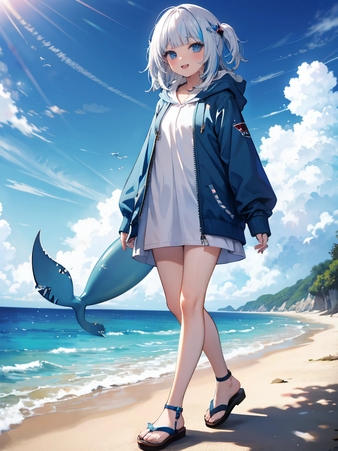 (masterpiece), outdoors, beach, ocean, day, 1girl, smile, sitting, sharp teeth, shark tail, shark hair ornament, gawr gura, blue hoodie, shark hood, blue eyes, streaked hair, blue hoodie,gawr gura, walking, sandals