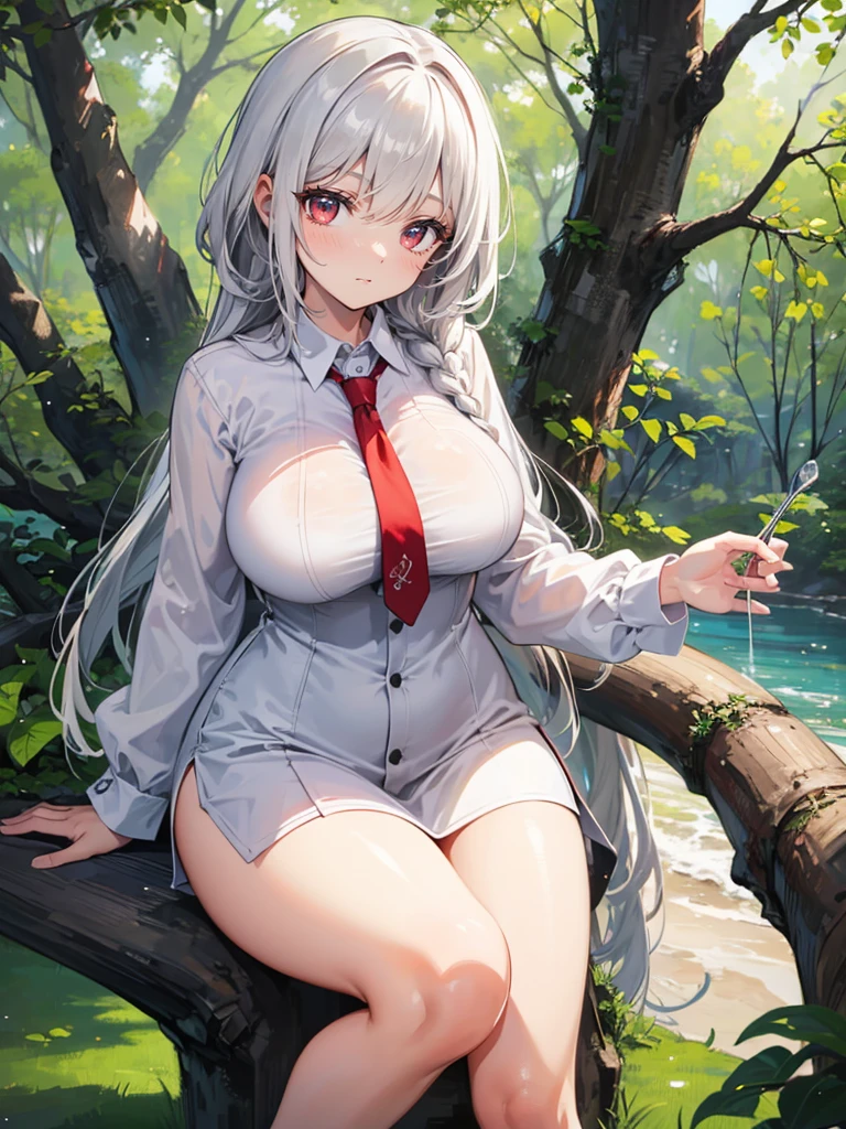 1girl, big breasts, curvy figures, smile, tie, white hairs, red eyes, white shirt, braided hairstyle, many tree background, high res, ((masterpiece))