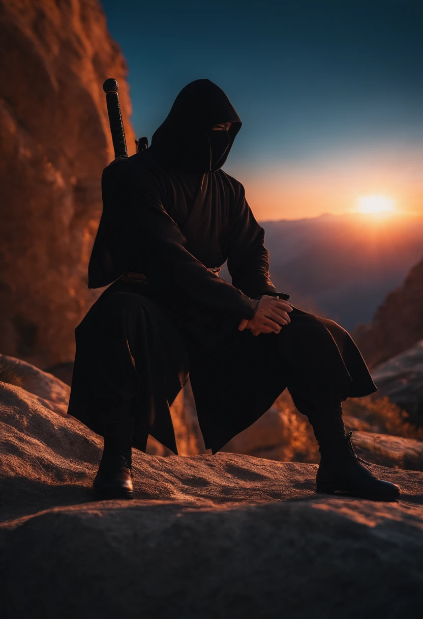 Black back in front meditating on the mountain, The sword, Blackn clothes, sunrise behind ninja, hyper realisitc