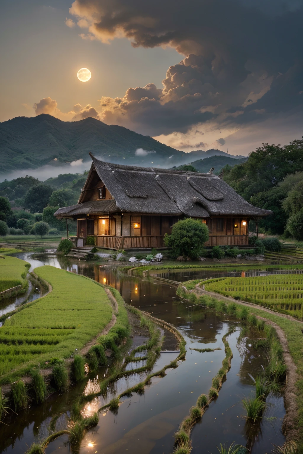 Countryside with rice fields, a thatched-roof house, buffalo, evening moon, kitchen smoke, beautiful old tree, hills, real-life imagery, beautiful stream, cloudy