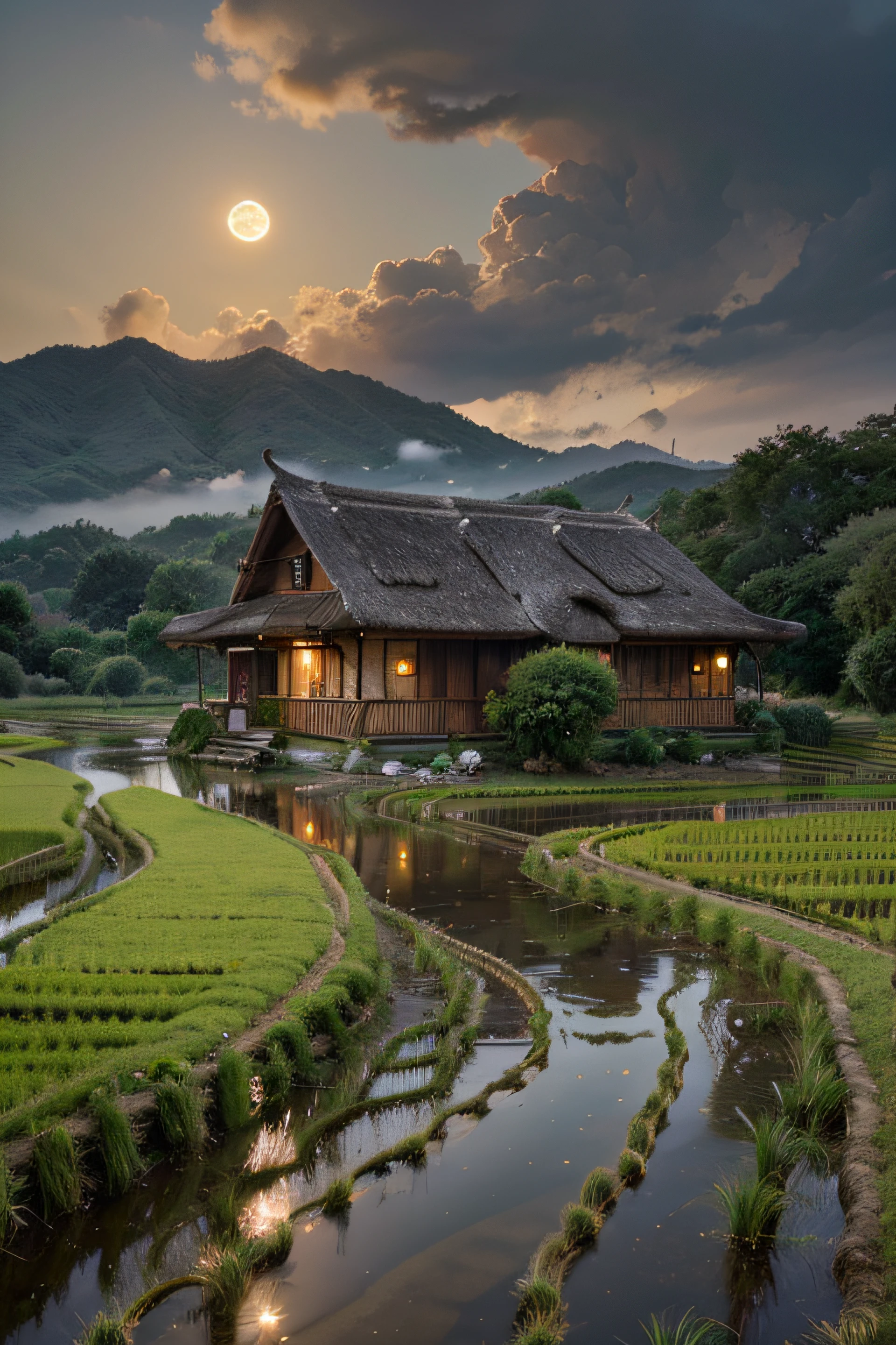 Countryside with rice fields, a thatched-roof house, buffalo, evening moon, kitchen smoke, beautiful old tree, hills, real-life imagery, beautiful stream, cloudy