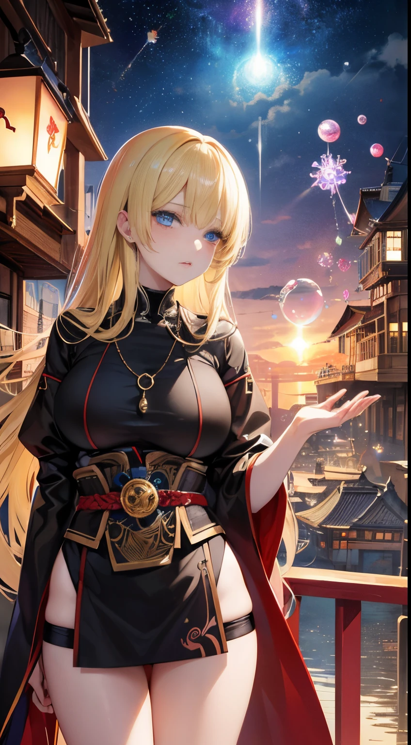 daisukerichard, Bolesław Biegas, Surreal, mysterious, bizarre, fantastical, fantasy, Sci-fi, Japanese anime, Sanjusangendo, the bell of time, twisted pipes, soap bubbles, peeking tricks, beautiful blonde miniskirt girl Alice enjoying sightseeing in Edo, perfect voluminous body, detailed masterpiece