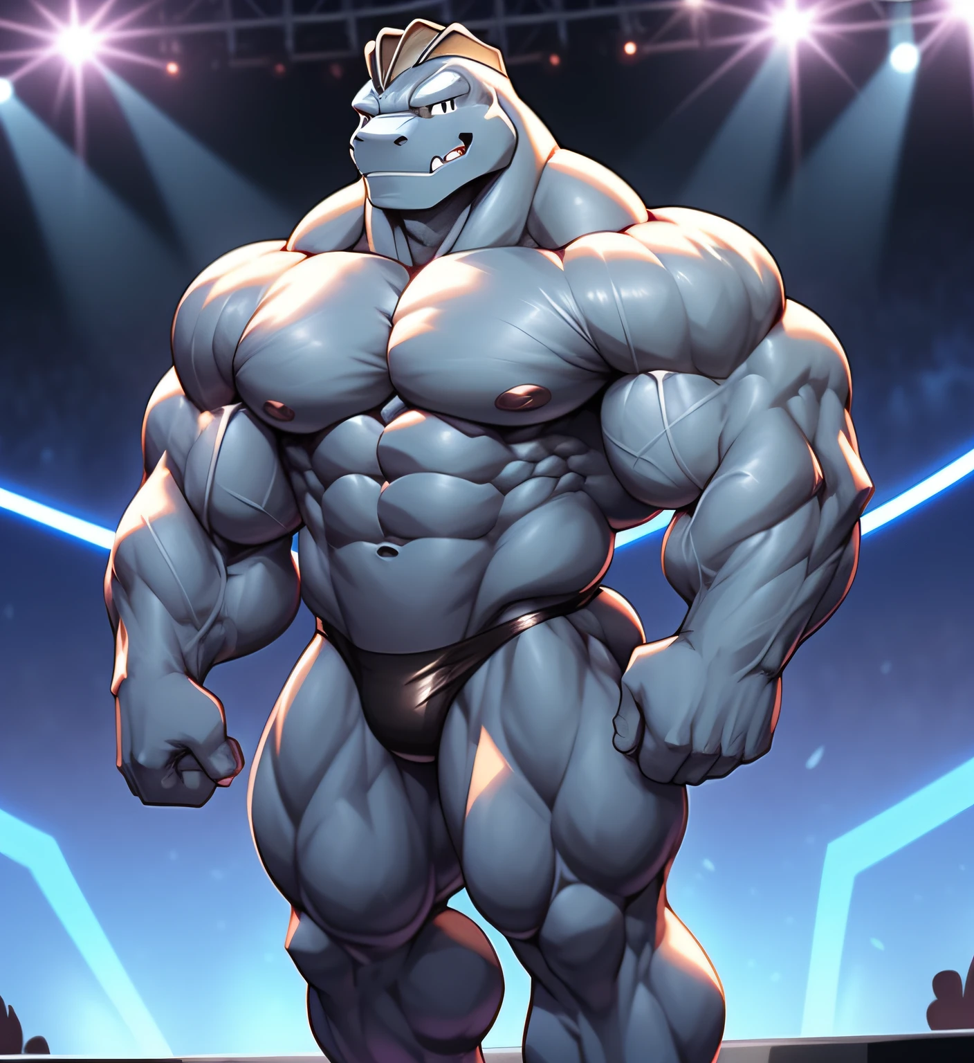 (Pokémon) A Machoke at the bodybuilding competition, on stage with other Machoke bodybuilders at his side, wearing a tiny thong (metallic color: jet black thong) massive, huge muscular bodybuilder with extraordinary biceps, pecs, triceps, traps, waist narrow, gigachad