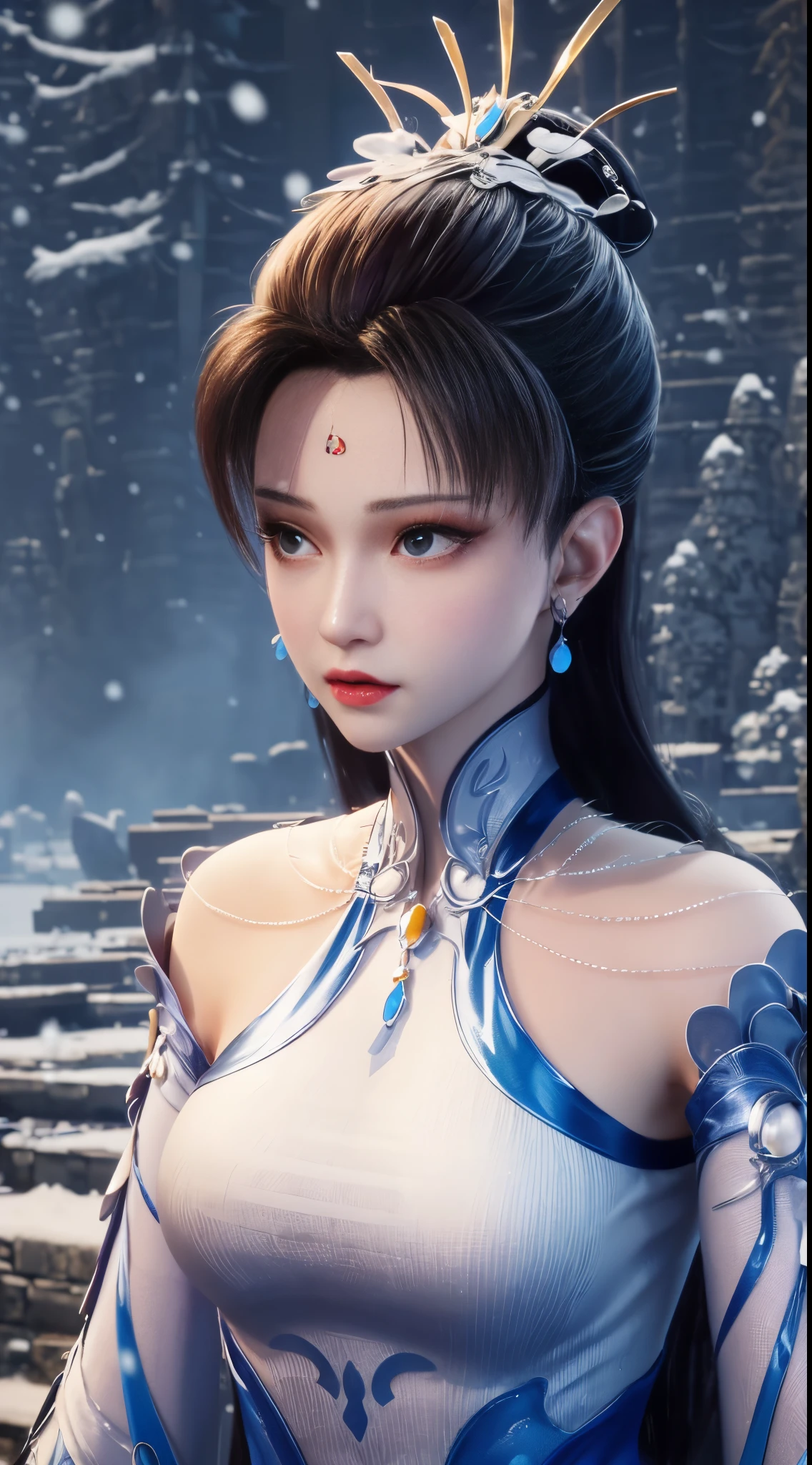 "1 Beautiful girl in traditional clothes, Slim fit light blue dress,Made of fine silk, deep slit shirt, Long hair and silver bangs with a hint of light blue, The most beautiful、The most delicate hair accessories, Pretty little face and thin eyebrows, The most beautiful、Spotless face, ((black iris:0.8)), verybeautifuleyes, big and round eyes, ((blue color eyes:1.1)), Exquisite makeup eyelashes, a tall nose, Wear earrings, small red lips, rosy face, Clean face, Beautiful face without blemishes, smooth fair skin, ((Large breasts: 0.9)), blooming flower, ((The large, Round chest:0.9)), ((super tight breasts:1.2)), ((breast enhancement: 0.8)), beautiful boobs, Slim petite body, ((big chest and thin waist: 0.9)), Upper body of a beautiful girl, Sexy girl, a skirt, Lace mesh stockings,Match the color of the clothes, The color of fishnet stockings should be coordinated according to the clothing, Strike elegant poses, Elegantly, and politely, 8k photograph, Super quality, hyper realisitc, 10x super pixels, Realphotos, dark studio, Bezel light, Dichroic light, (Detail skin high: 1.2), 8k ultra high definition, SLR camera, gentlesoftlighting, high high quality, volumettic light, Frankness, photore, A high resolution, optics, The best photos, 4k画质, 8K, bokeh, Smooth and sharp, 10x pixel increase, safe, Super graphics, The most realistic graphics, (((Snowy background: 1.6))), 1 girl, Alone, Alone, ((front portrait:1.2)), Extremely sharp, surreal image."