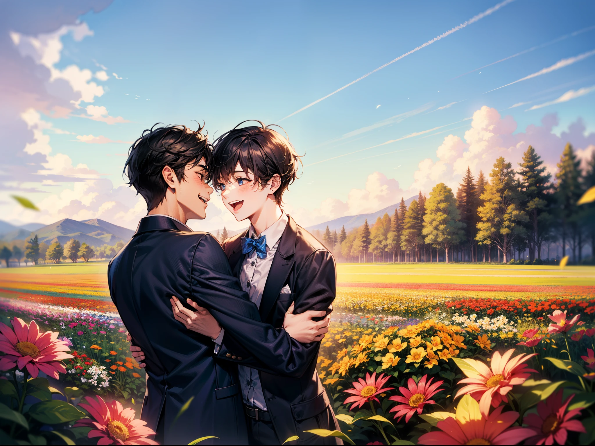 couple, 1girl, 1boy, hugging each other, smile, laugh, romantic atmosphere, behind the flower, flower field, blue sky, landscape