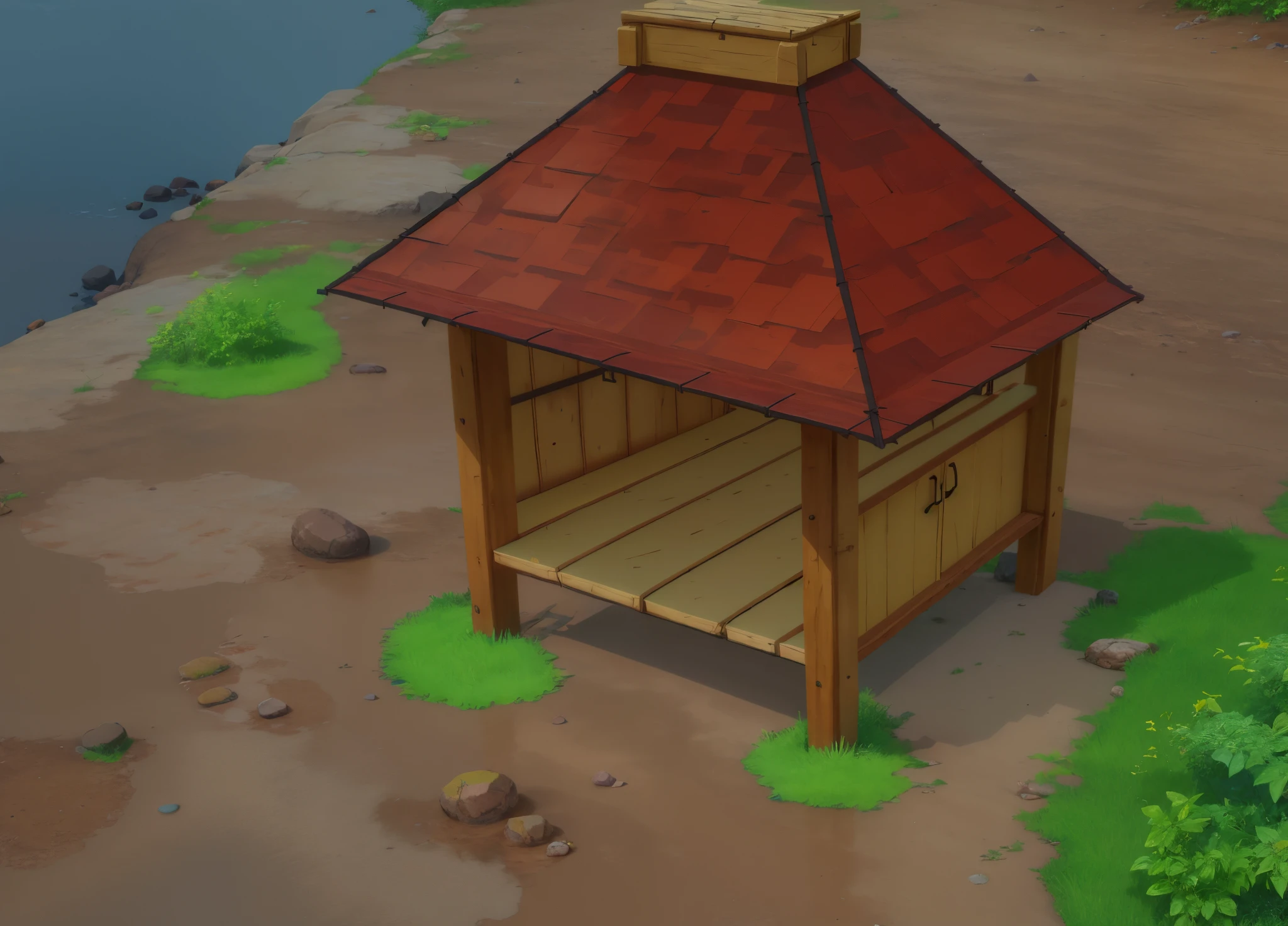 a shelter made of wood with red tiles, slightly rocky ground, lots of bushes, a small river, anime, anime style, 4k, 4k detailed, anime background,